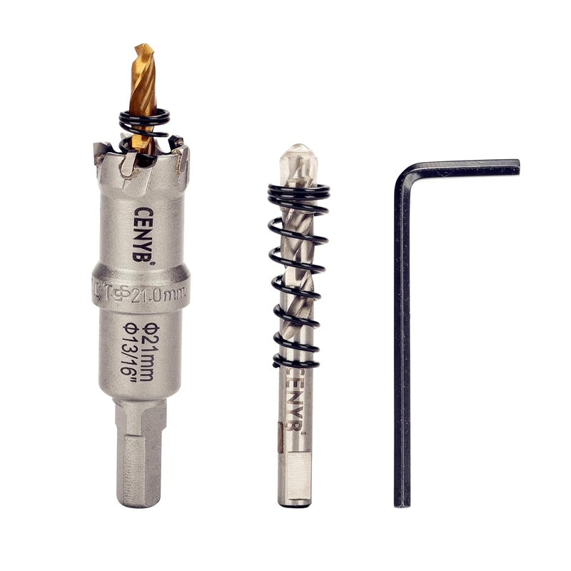 cenyb 13/16" (21mm) Tungsten Carbide Tipped Hole Saw with 2Pcs Titanium-Plated Pilot Drill Bits for Hard Metal,Stainless Steel,Iron,Aluminum Alloy,Wood and Plastic - Image 1